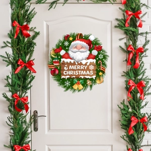 Christmas wreath door sticker with Santa Claus and Merry Christmas lettering on white door
