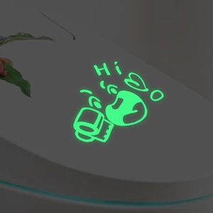 Glow-in-the-dark cartoon toilet sticker with Hi greeting for night bathroom decor