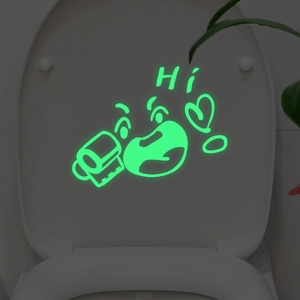 Glow-in-the-dark cartoon toilet sticker with emoji and Hi text in luminous green