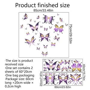 Creative purple butterfly wall decals for home decor with size chart and layout details