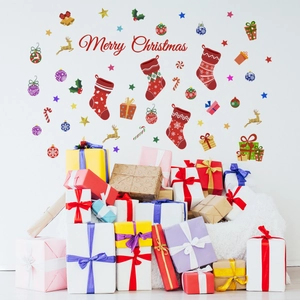 Merry Christmas wall stickers set featuring red stockings and gift box decorations