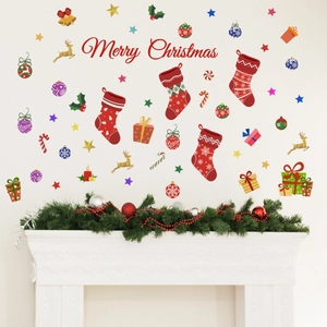 Christmas Wall Stickers PVC Self Adhesive Merry Christmas Socks Bells Reindeer Stars Home Window Glass Decoration Cartoon Festive