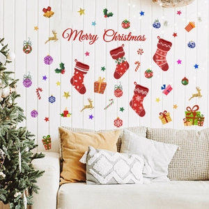 Christmas wall stickers with red socks and golden reindeer decorations for home decor