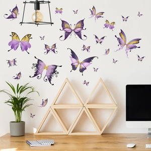 Minimalist purple and gold butterfly wall stickers set for home living room decor