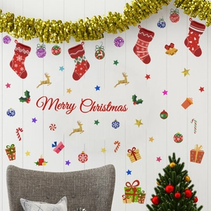 Detailed Christmas wall stickers featuring red stockings, gold reindeer, and festive stars