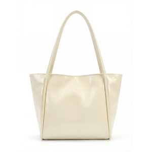 Minimalist beige glossy tote bag with spacious interior and sleek shoulder straps