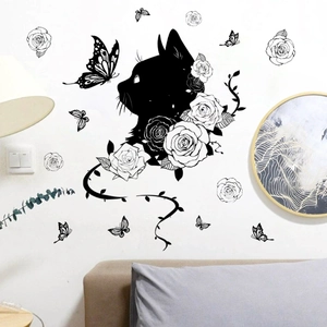 Black Cat Silhouette Rose Flowers Butterfly Wall Stickers PVC Self Adhesive DIY Decals For Living Room Modern Home Decor
