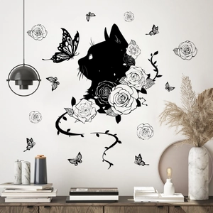 Artistic black cat silhouette with rose and butterfly wall decals for home decor