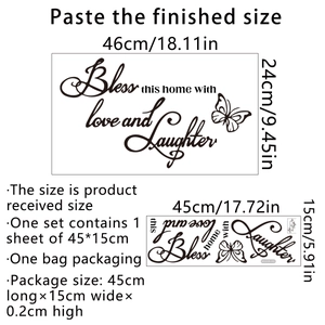 Macro view showing 'Bless this home' lettering and butterfly wall sticker dimensions