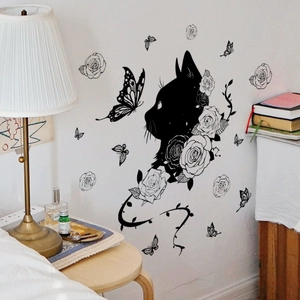 Minimalist black cat silhouette wall decal with roses and butterflies for home decor
