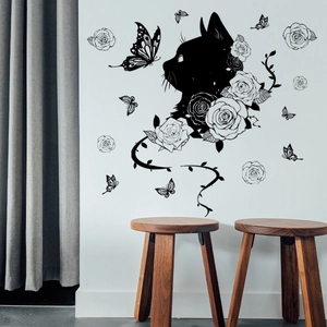 Black cat wall sticker set with roses and butterflies for modern home wall decor