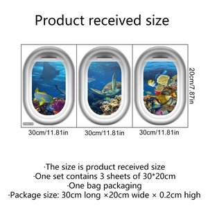 Set of 3 3D ocean sea life airplane window wall decals measuring 30x20cm for bathroom