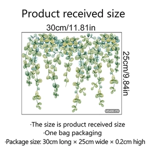 Hanging green vine wall decals with watercolor leaf design and product dimensions