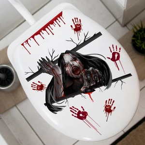 Halloween blutiger Handabdruck und Geisterfrau Horror-Wandaufkleber auf Toilettendeckel
