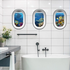 3D airplane window wall stickers featuring sea turtles and coral reef marine life scenery