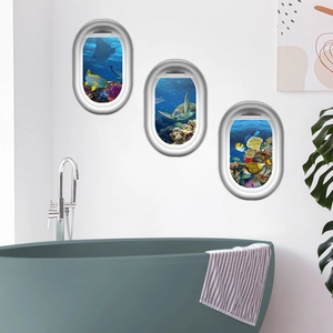 3D ocean theme porthole wall stickers featuring sea turtles and coral for bathroom decor