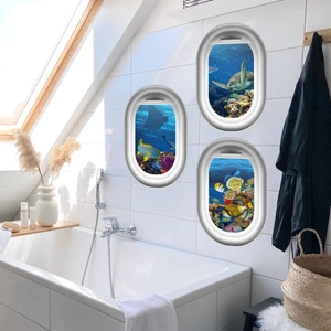 Detailed 3D ocean porthole wall decals showing sea turtles and coral on bathroom tiles