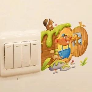 Cartoon mouse hole wall sticker with squirrel and mushrooms for bedroom decor