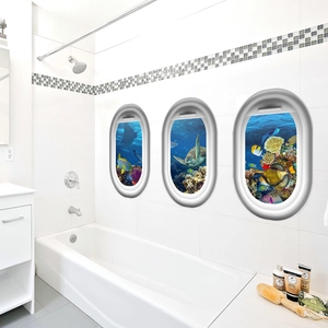 Detailed 3D airplane window stickers showing underwater sea turtle and coral reef