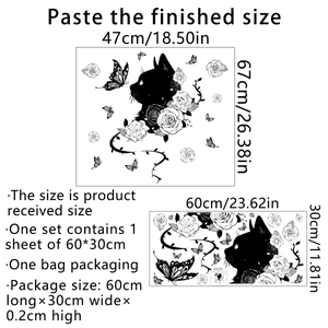 Black silhouette cat and rose wall sticker set for home decor with 47x67cm layout