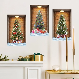 Three-piece 3D Christmas tree wall stickers with gift boxes and fireplace decoration
