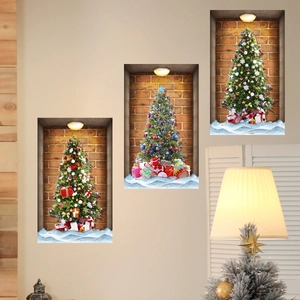 3D Christmas tree wall decals with gift boxes set on a white brick background