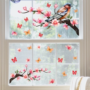 Static cling window film with colorful birds, pink magnolia branches and butterflies