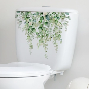 Self-adhesive green leaf and white flower wall stickers for bathroom toilet decoration