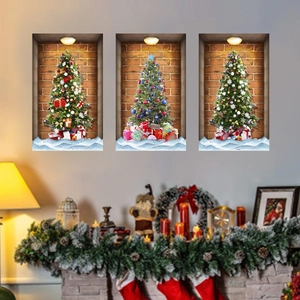 Set of 3D Christmas tree wall stickers with festive gift boxes and warm spotlight effect