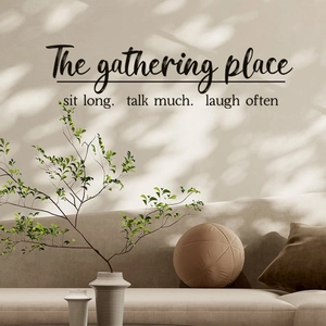 Minimalist wall sticker featuring 'The gathering place' quote for living room decor