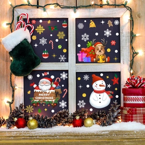 Christmas window decals set with Santa, snowman and reindeer on white wooden frame