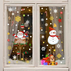 Christmas window stickers set featuring Santa, snowman, and reindeer on white wooden frame