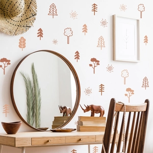 Boho woodland tree and sun wall stickers for kids room in earthy terracotta colors
