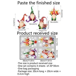 Size guide for Christmas gnome window stickers showing four 20x30cm static decal sheets
