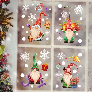 Christmas gnome and snowflake static window stickers set for festive glass decoration