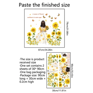 Detail showing layout and 79x87cm dimensions for sunflower girl wall stickers