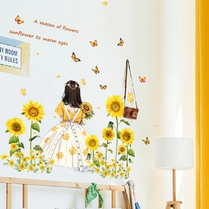 Sunflower girl wall decal with butterflies and inspirational quotes for home decor