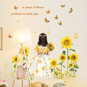 Sunflower Girl Butterfly Wall Stickers PVC Self-Adhesive Removable Mural For Bedroom Living Room Decor Cute Illustration