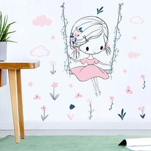 Cartoon girl on swing wall decal with pink flowers and butterflies for nursery decor