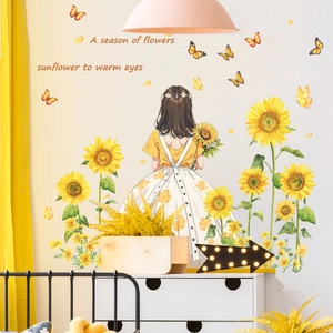 Vibrant sunflower and girl wall decals for bedroom decoration with motivational text