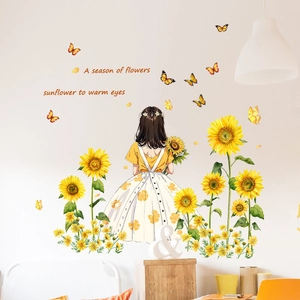 Sunflower girl wall decal with yellow butterflies for bedroom home decoration