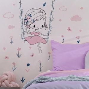 Cartoon girl on a swing wall sticker with flowers and pink clouds for kids bedroom