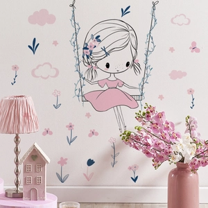 Cartoon girl swinging on flowers wall sticker set for girls bedroom and nursery decor