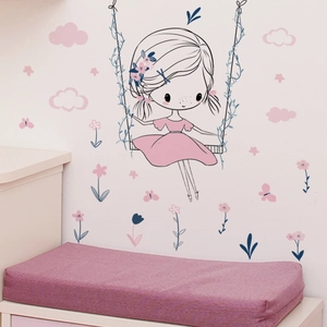 Cartoon Swing Girl Wall Stickers PVC Self-Adhesive Floral Butterfly Decals For Kids Room Bedroom Nursery Home Decor