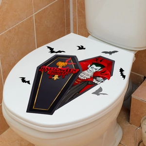Halloween toilet lid sticker featuring a black coffin, vampire and bats decoration