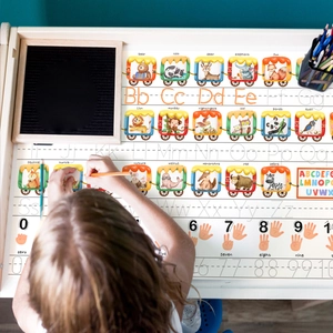 Reusable alphabet train whiteboard sticker for kids' learning and colorful animal doodles