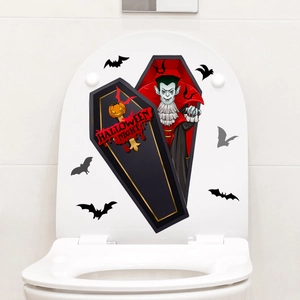Halloween toilet seat decal featuring a vampire in a red coffin and black bats