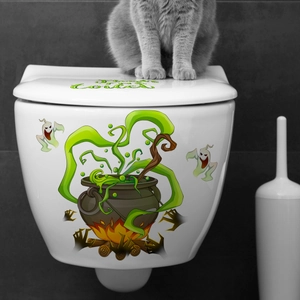 Halloween toilet sticker with green witch cauldron and Haunted Toilet text on a white lid
