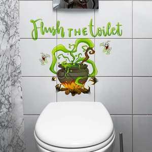 Halloween witch cauldron and ghost wall sticker with Green Flush the Toilet lettering