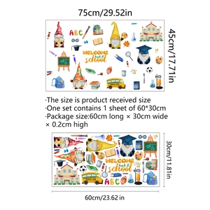 Detail view of gnome school wall decals showing layout dimensions and colorful PVC stickers